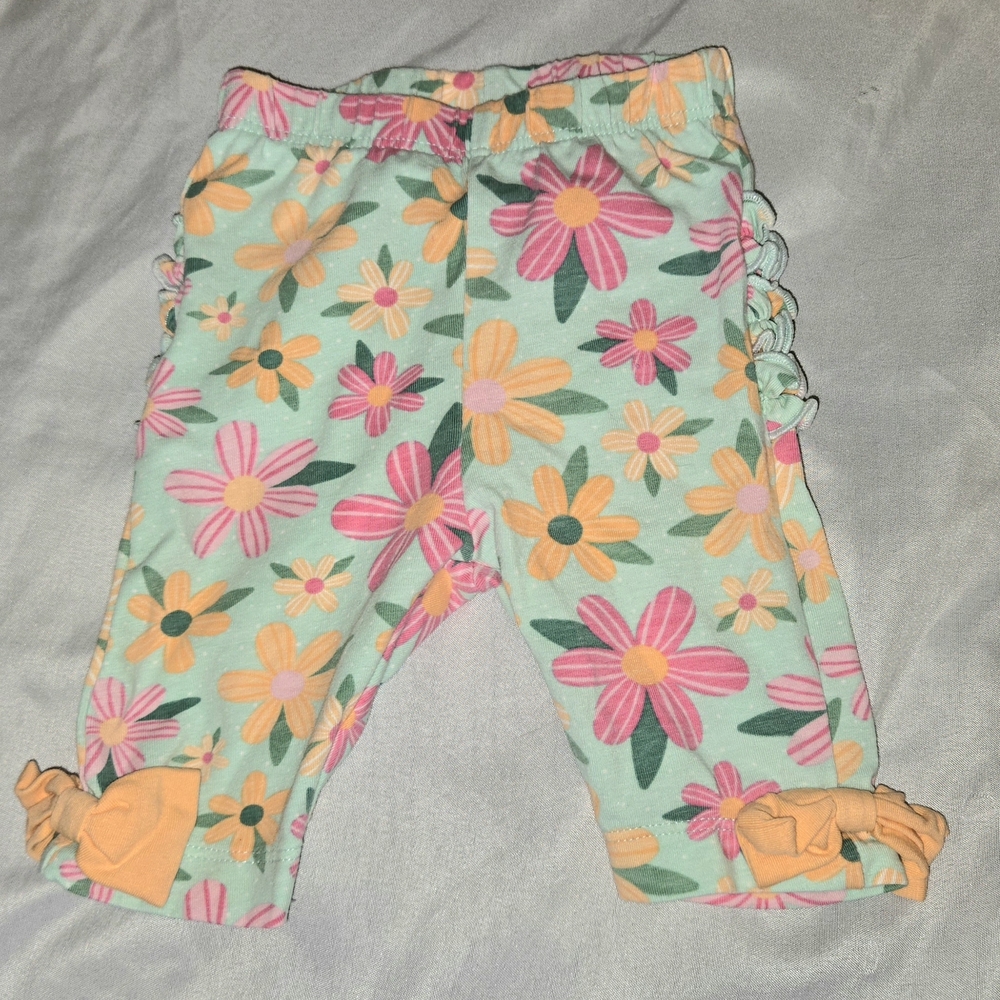 Ruffle Butts Baby Girl Floral Capri Leggings - Pink, Green With Orange Bows 6 M
